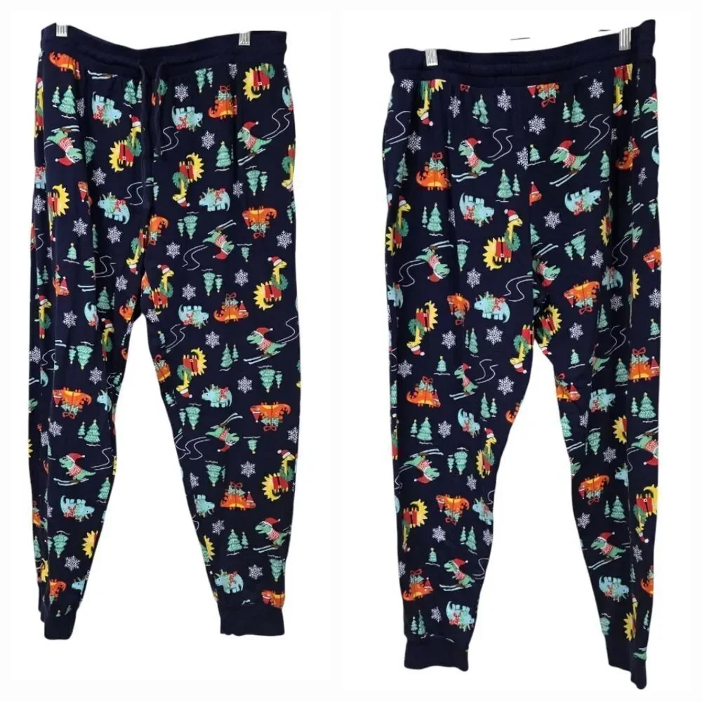 Christmas Dinosaur Pajama Pants Women L Navy Holiday Dino Lounge Joggers Pockets